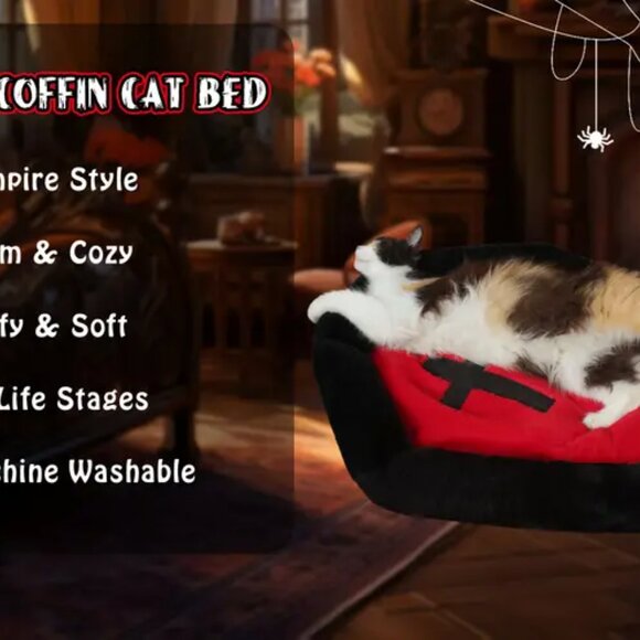 {NEW} Gothic Cat Bed (Fits Up To 25 Lbs) Washable Coffin Cat Bed Fluffy - Picture 6 of 6